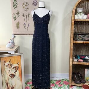 Y2k Navy Blue Beaded Formal Maxi Dress Gown Prom Homecoming Special Occasion 7 S